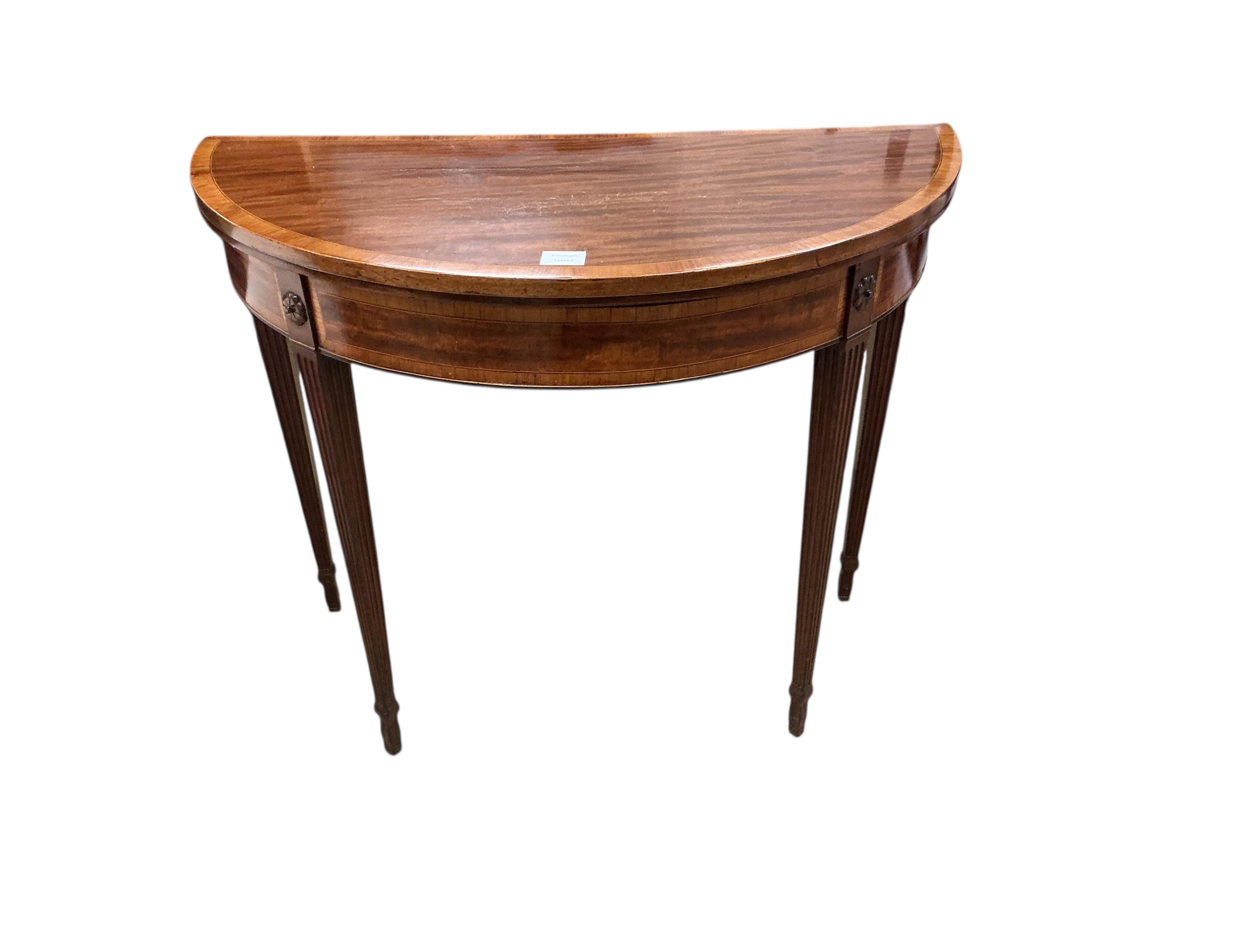 A George III satinwood banded mahogany D shaped folding card table, width 91cm, depth 45cm, height 76cm